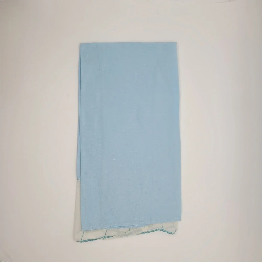 Vintage Light Blue Linen Guest Towel Scalloped Sheer‎ Organza Trim Embroidered